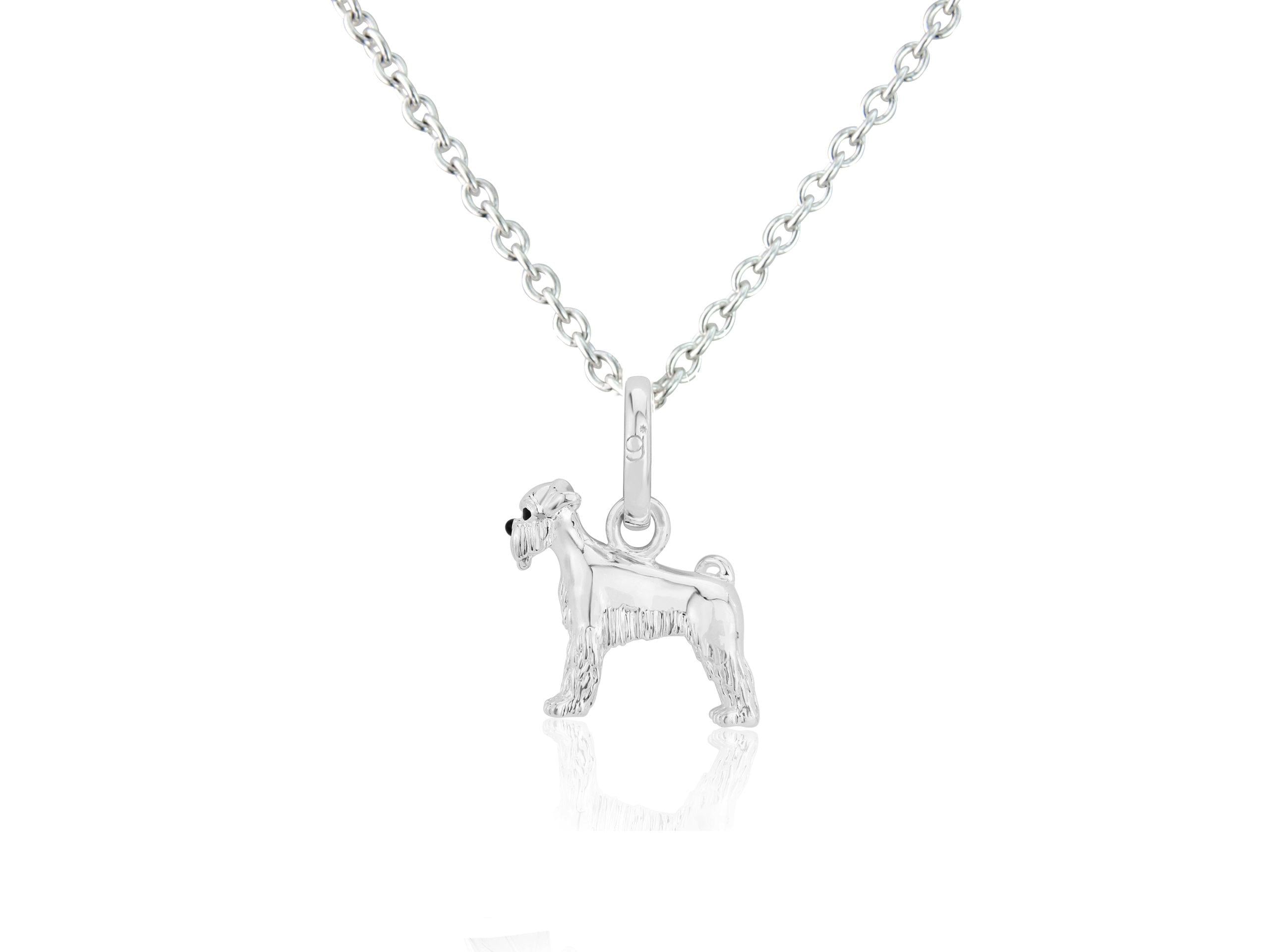Sterling silver pendant in the shape of a Schnauzer dog, accompanied by an adjustable sterling silver chain and a velvet gift pouch.