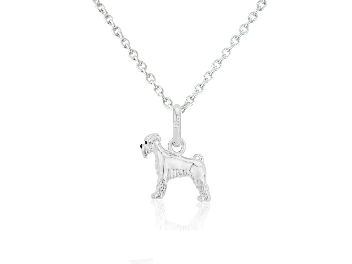 Sterling silver pendant in the shape of a Schnauzer dog, accompanied by an adjustable sterling silver chain and a velvet gift pouch.