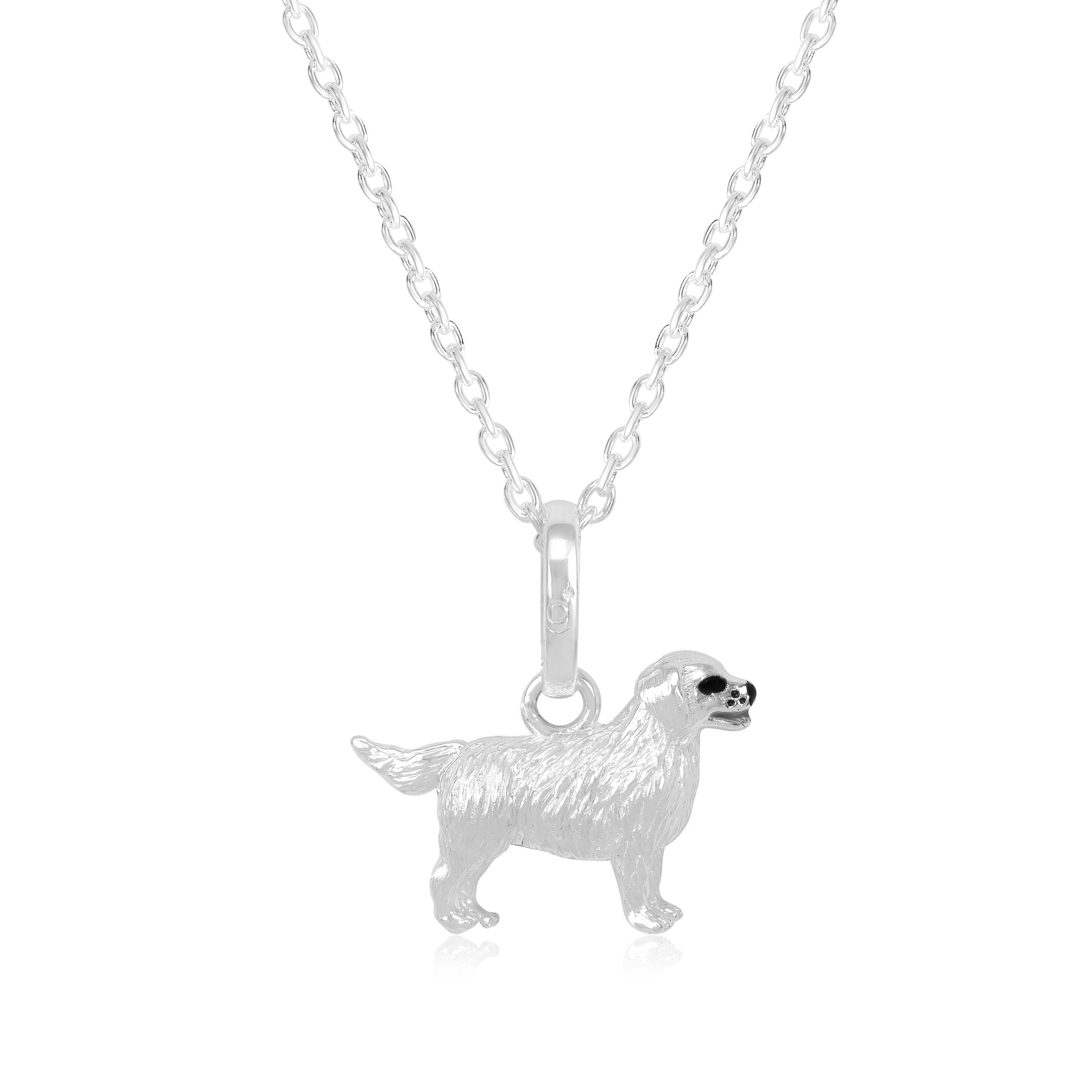 A sterling silver pendant in the shape of a Golden Retriever dog, displayed on a white background.