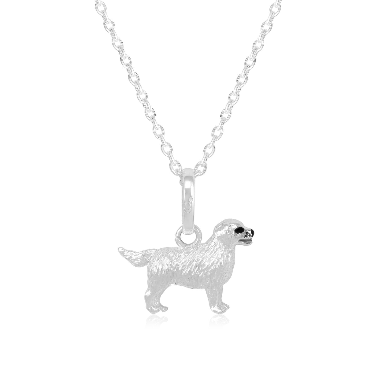 A sterling silver pendant in the shape of a Golden Retriever dog, displayed on a white background.
