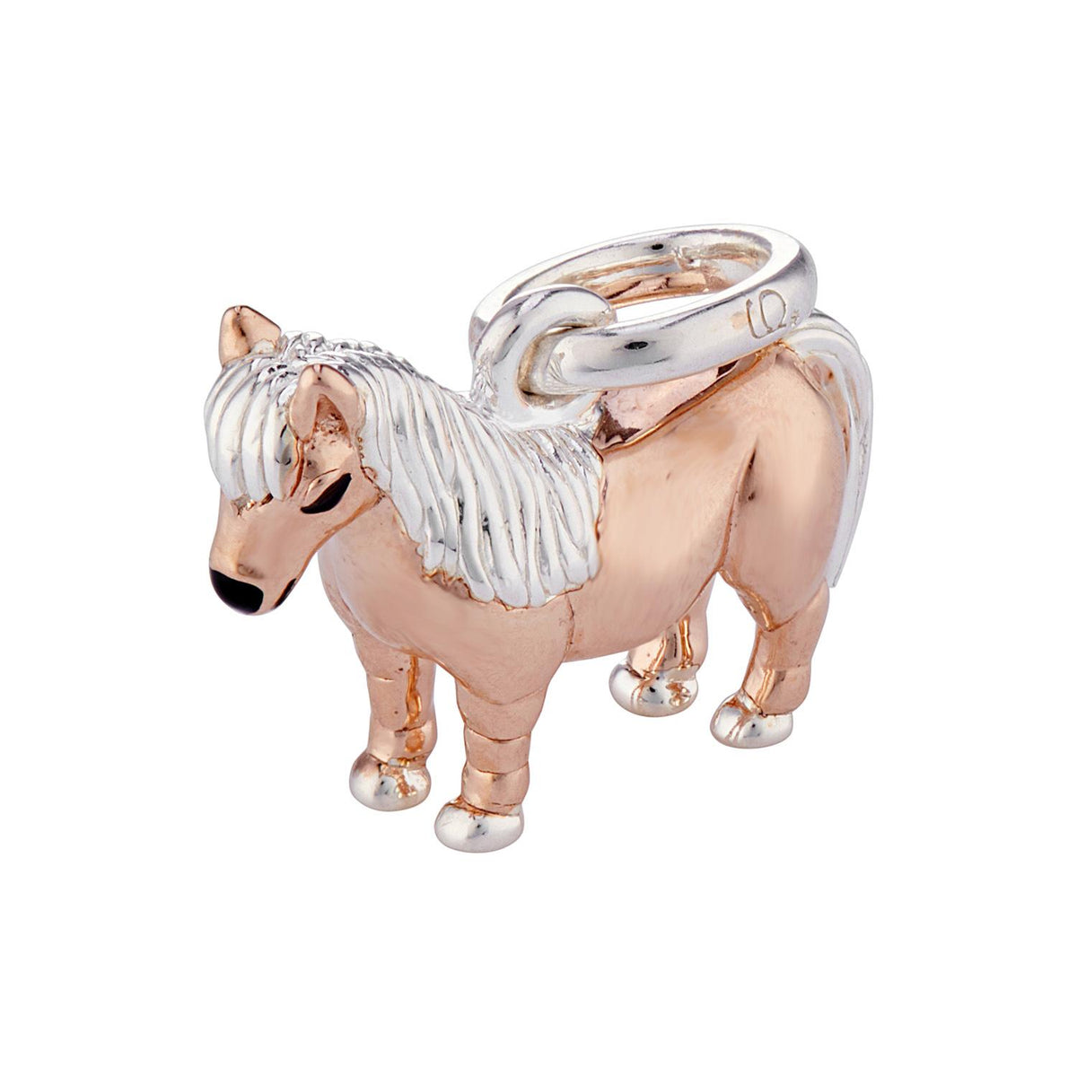A sterling silver charm shaped like a Shetland pony with a coating of warm rose gold vermeil, featuring a loop for a bracelet or necklace attachment.