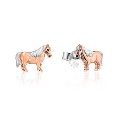 Sterling silver stud earrings in the shape of Shetland ponies with rose gold plating, presented in a stylized manner, likely on a white background.