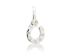A sterling silver horseshoe charm with cubic zirconia stones embedded within it.