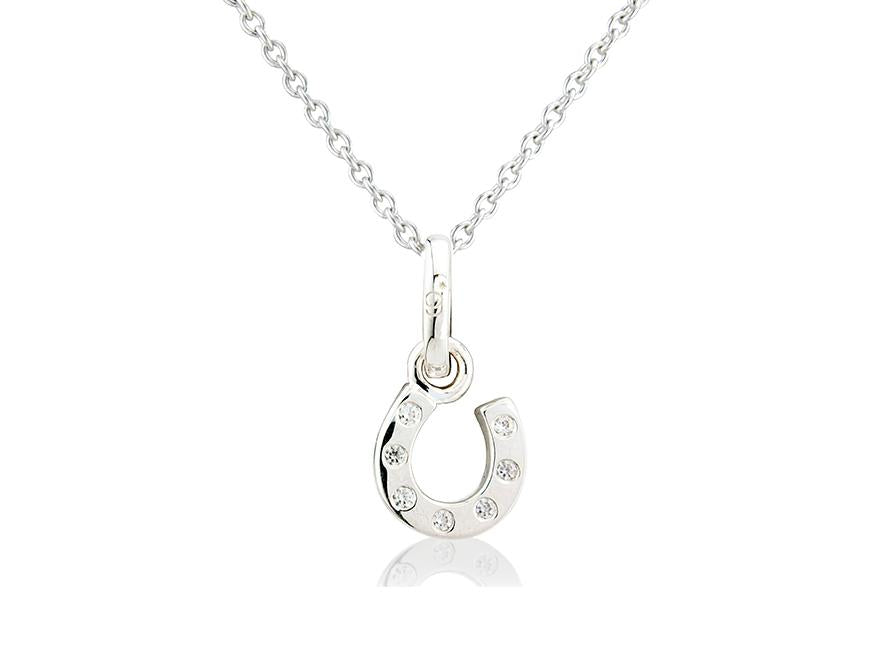 A sterling silver horseshoe pendant decorated with sparkly stones on a chain.