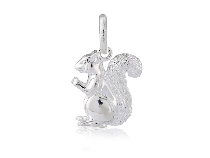 A sterling silver charm in the shape of a squirrel, with detailed fur texture and a glossy finish.