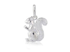 A sterling silver charm in the shape of a squirrel, with detailed fur texture and a glossy finish.