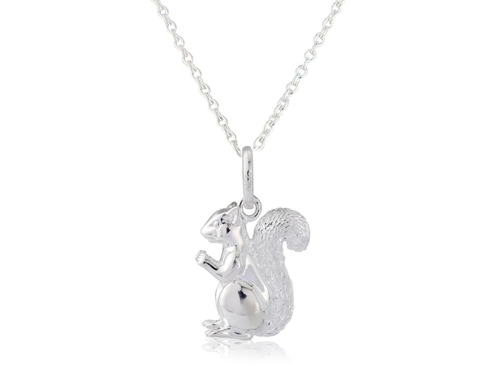 A sterling silver squirrel pendant on a chain, displayed against a white background.