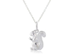A sterling silver squirrel pendant on a chain, displayed against a white background.