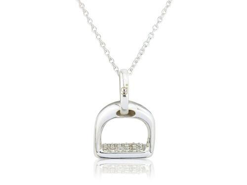 A sterling silver stirrup-shaped pendant with sparkly zirconia stones, attached to a silver chain against a white background.