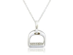 A sterling silver stirrup-shaped pendant with sparkly zirconia stones, attached to a silver chain against a white background.