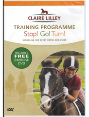 Cover of the DVD 'Training Programme Stop! Go Turn!' by Claire Lilley, featuring an image of a horse and rider with the text highlighting the training content.