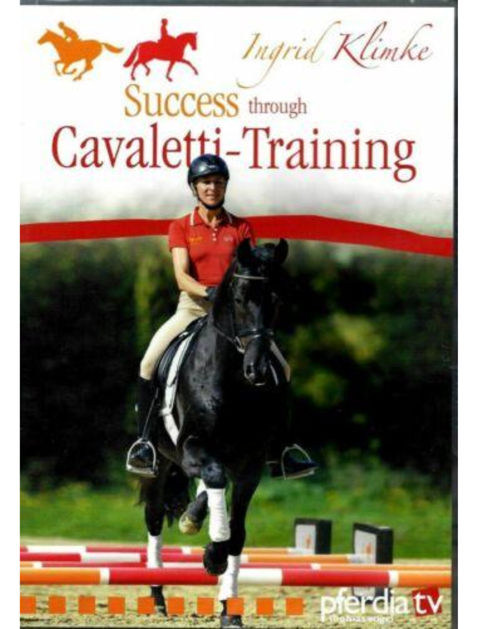 Cover of the product 'SUCCESS THROUGH CAVALETTI TRAINING' featuring an image of a person riding a horse over cavaletti.