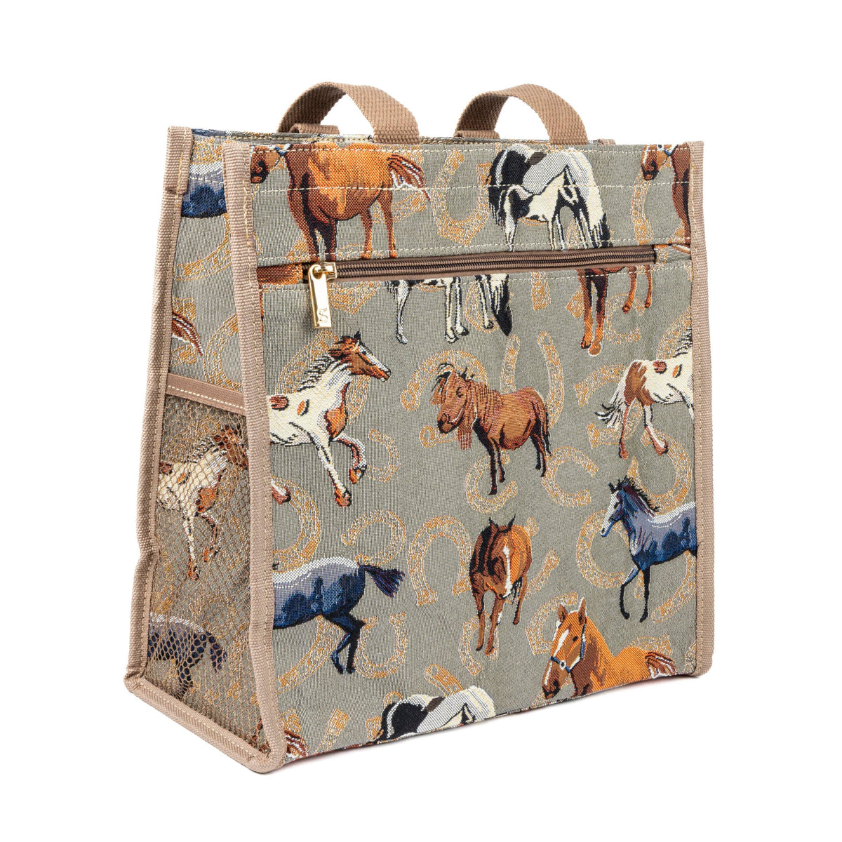 A polyester shopper bag featuring a tapestry design with various horses in a brown color palette.