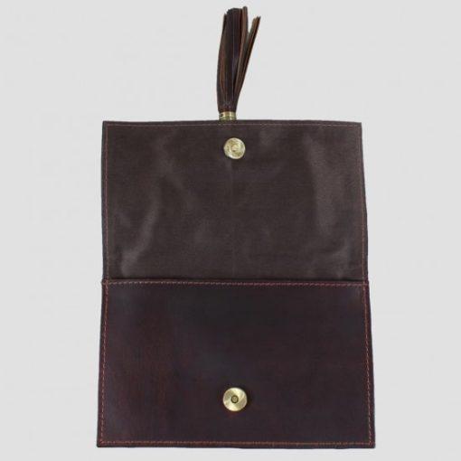 Brown leather clutch bag open flap
