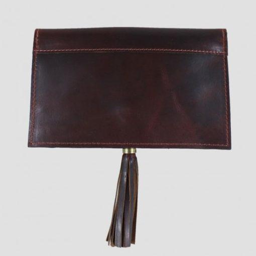 brown leather clutch bag from reverse view