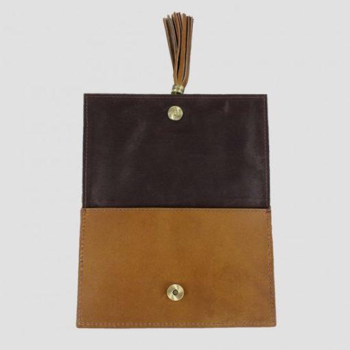 tan leather clutch bag with open flap