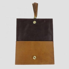 tan leather clutch bag with open flap