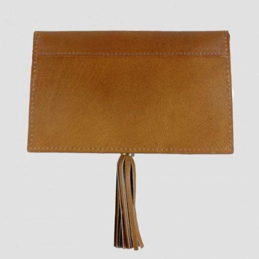 Tan leather clutch bag reverse view with tassle