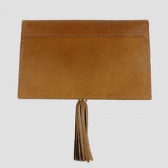 Tan leather clutch bag reverse view with tassle