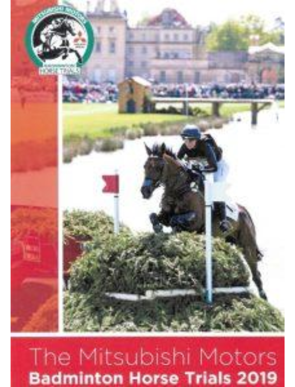 Cover of the DVD titled 'The Mitsubishi Motors Badminton Horse Trials 2019 Highlights', featuring an image of a horse and rider in mid-jump over a fence, with spectators and trees in the background.