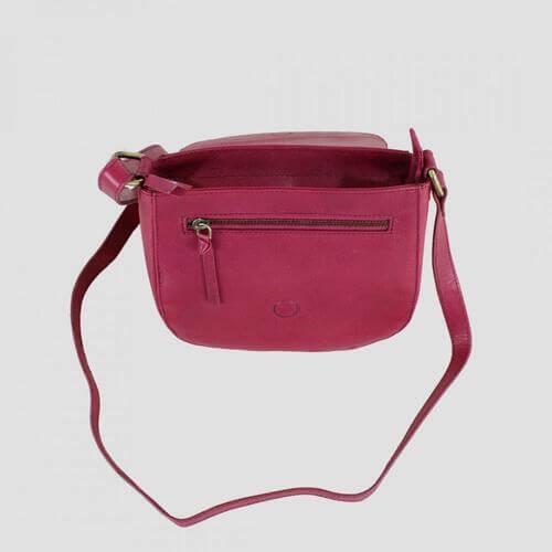 Pink leather bag rear view open flap with strap