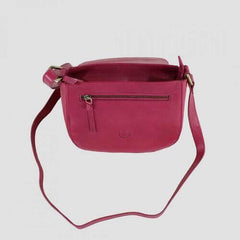 Pink leather bag rear view open flap with strap