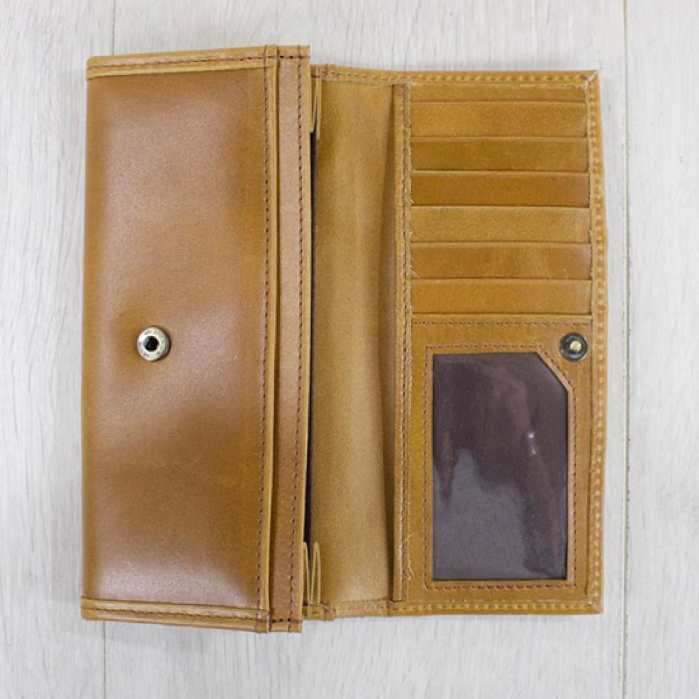 Tan leather open purse showing compartments