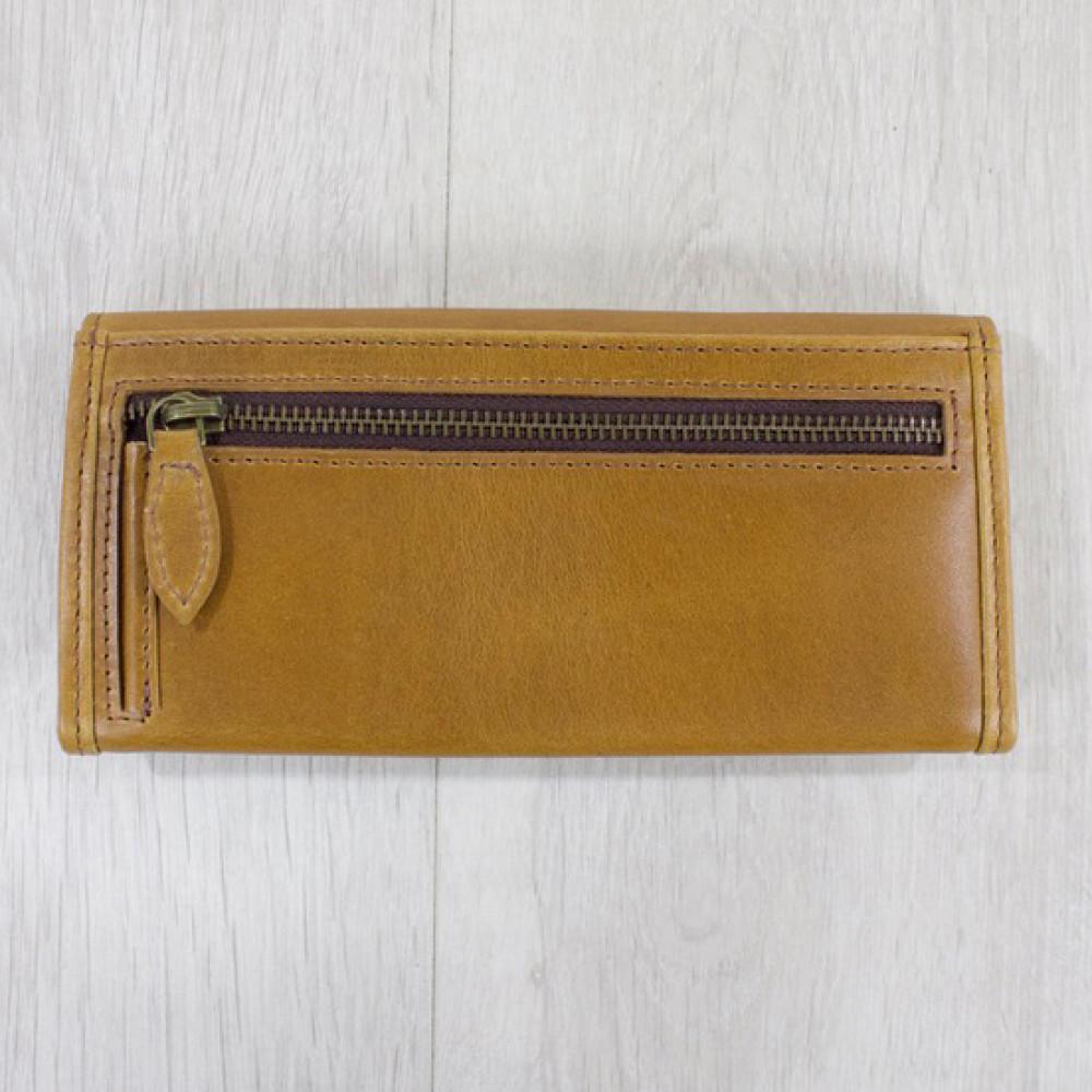 lily antique tan leather purse back view with closed brown zip