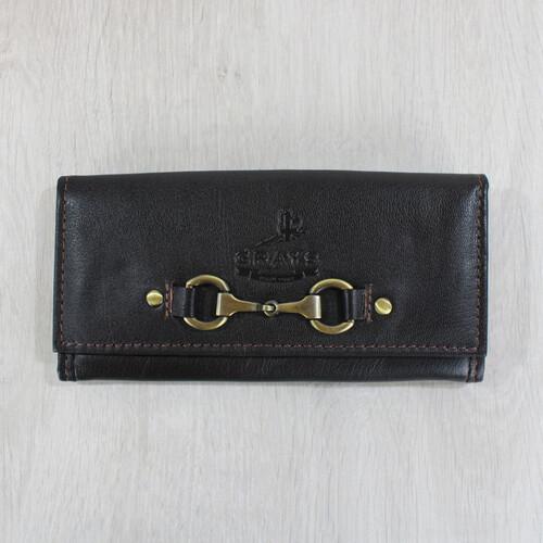 A brown leather purse with a metallic bit closure, displayed against a white background.