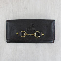 A brown leather purse with a metallic bit closure, displayed against a white background.