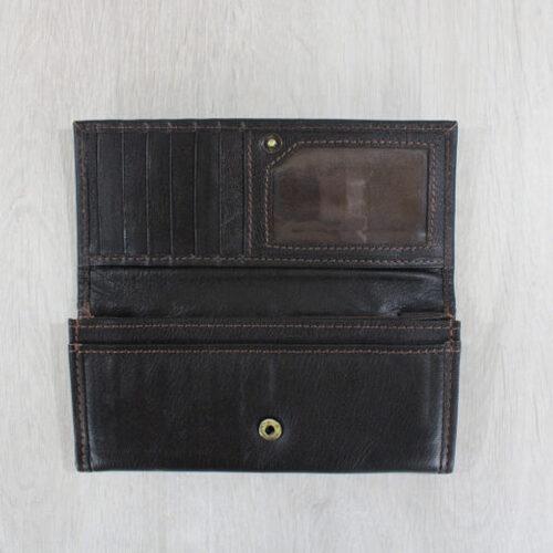 Brown leather purse open showing compartments 