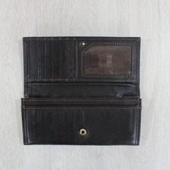 Brown leather purse open showing compartments 