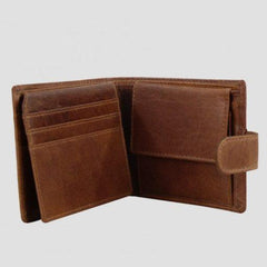 Tan leather wallet open showing 3 compartments and money satchel 