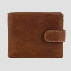 A brown leather wallet with a push popper closure and a flap over the card slots. It appears to be a slim, foldable wallet.