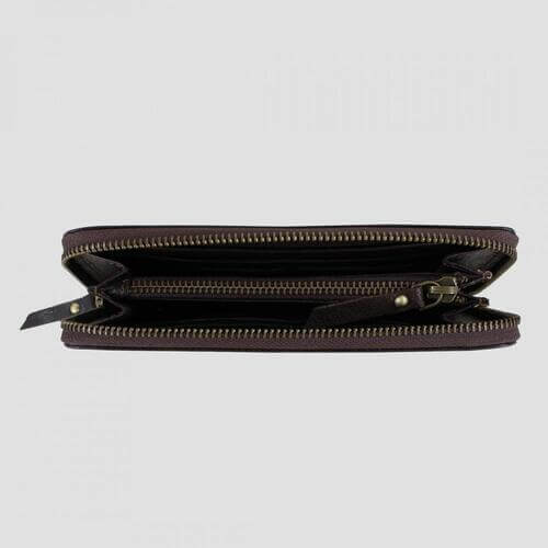 brown leather purse above view of open zip