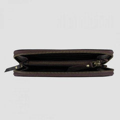 brown leather purse above view of open zip