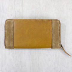 Tan leather and suede purse from rear view