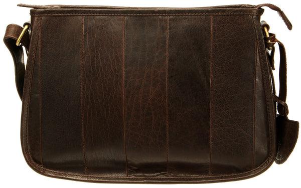 A soft brown leather handbag with vertical strip patterns and a zipped closure. It includes a long adjustable crossbody shoulder strap.