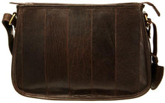 A soft brown leather handbag with vertical strip patterns and a zipped closure. It includes a long adjustable crossbody shoulder strap.