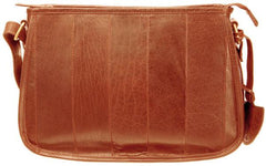 A soft tan Irish leather handbag with vertical strip detailing and a zipped closure. It includes a long adjustable crossbody shoulder strap.
