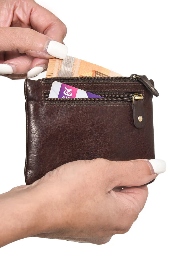 Three zip purse in dark brown leather with zip open showing card and cash in compartments