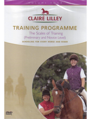 Cover of a DVD titled 'Training Programme - The Scales of Training', featuring an image of a rider on a horse with text overlay.