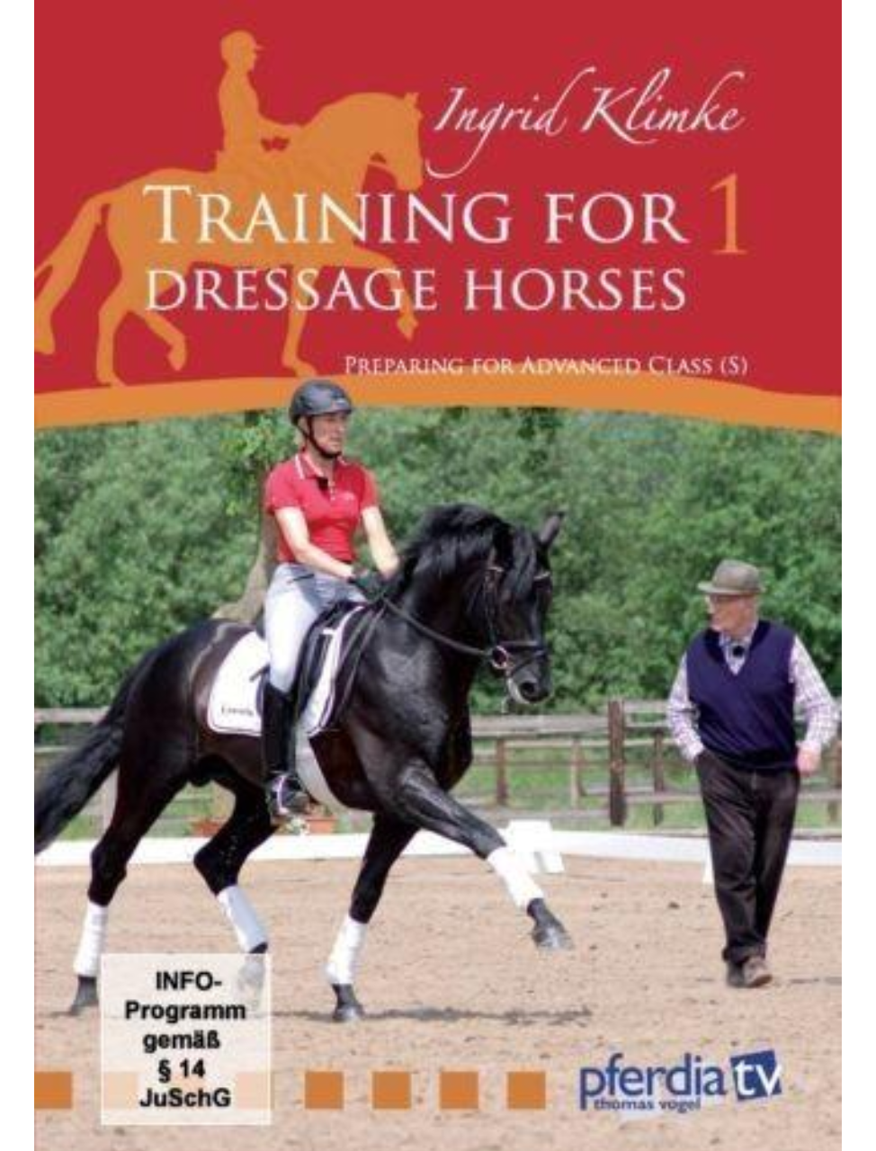 Cover of the DVD 'Training for Dressage Horses' by Ingrid Klimke, featuring an image of a rider on a dressage horse with a red and white background, and a man watching.