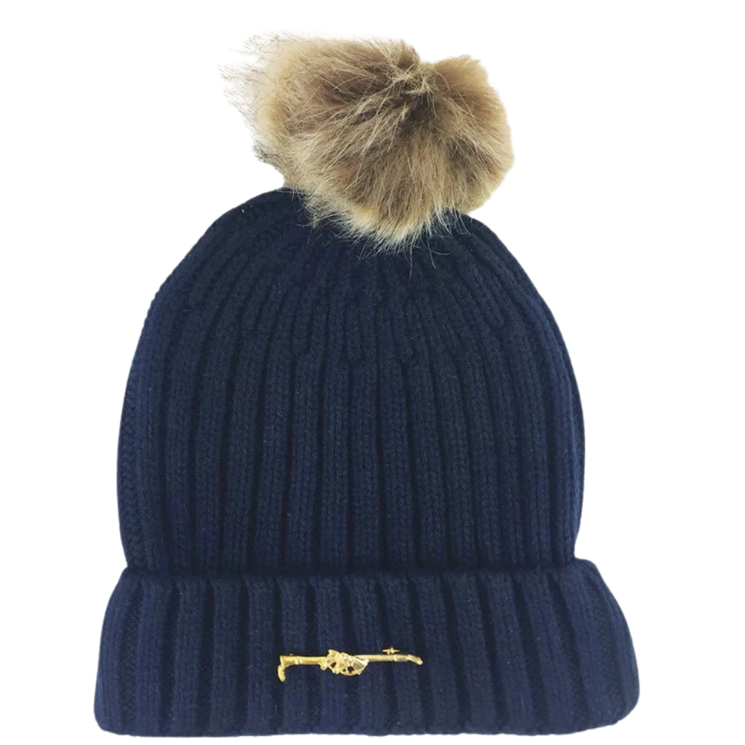 Bobble Hat Navy Blue knitted with Horse Head Stock Pin attachment