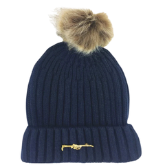 Bobble Hat Navy Blue knitted with Horse Head Stock Pin attachment