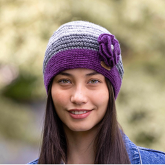 Beanie Cap 100 % wool in Purple and Grey Knitted Crochet with Flower Corsage