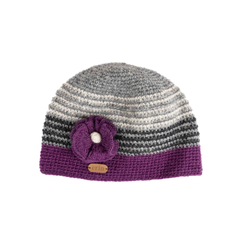 Beanie Cap 100 % wool in Purple and Grey Knitted Crochet with Flower Corsage
