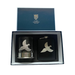 Whisky Glass and hip flask set with Pewter Pheasant motifs in a Presentation Box