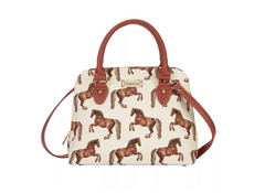 Handbag with horse pattern and brown handles on a white background
