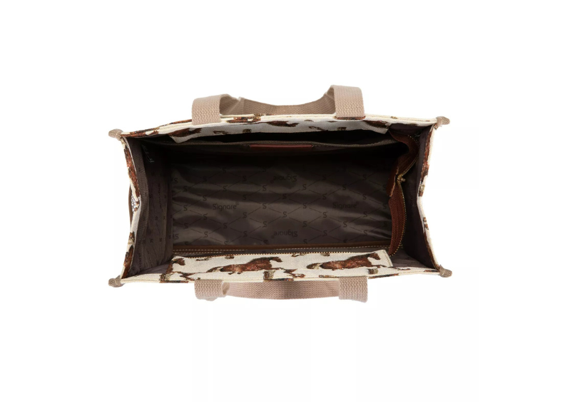 Brown leather bag with a camouflage pattern on a white background